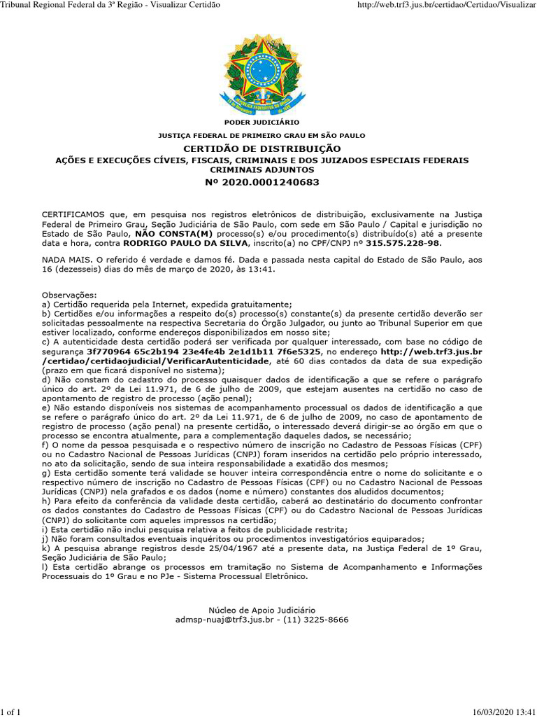 Certidão Negativa - Cível, Fiscal e Criminal Da Justiça Federal | PDF