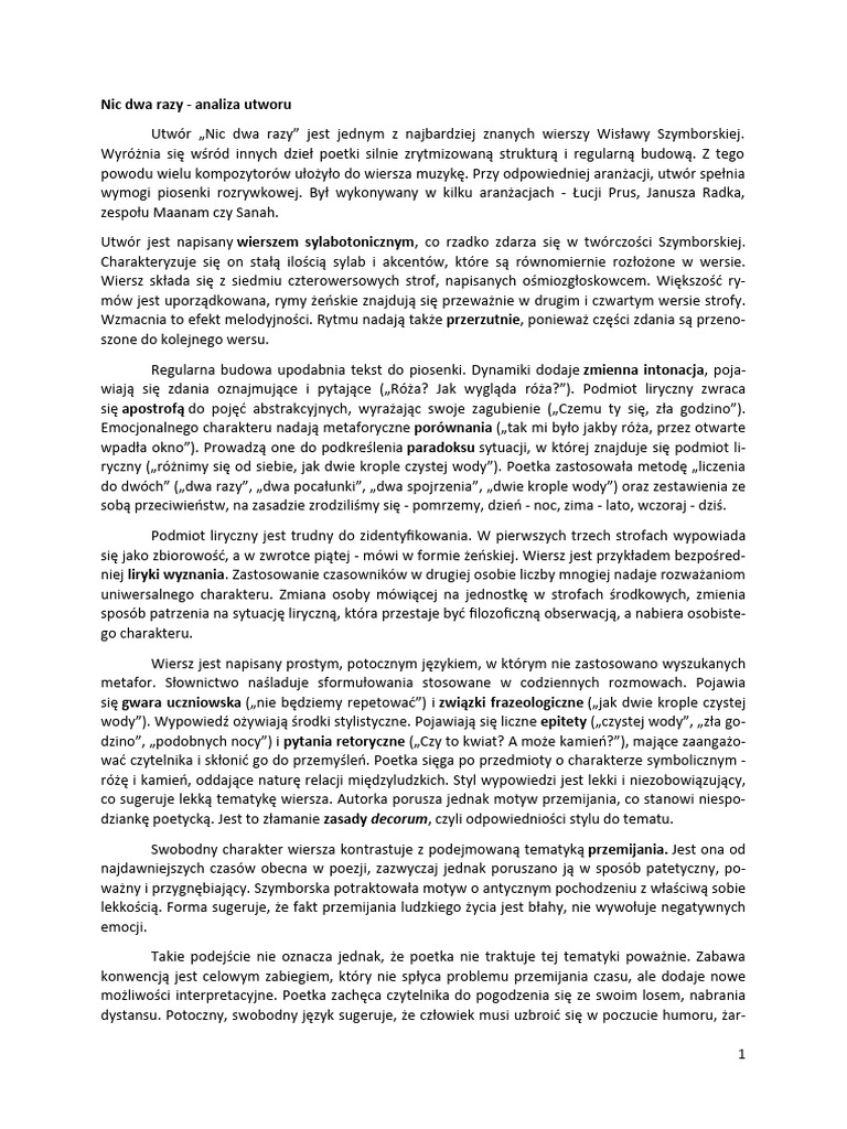Interpretacja Wiersza Wisławy Szymborskiej Koniec I Początek Analiza I Interpretacja Wiersza Nic Dwa Razy Wisławy Szymborskiej | PDF
