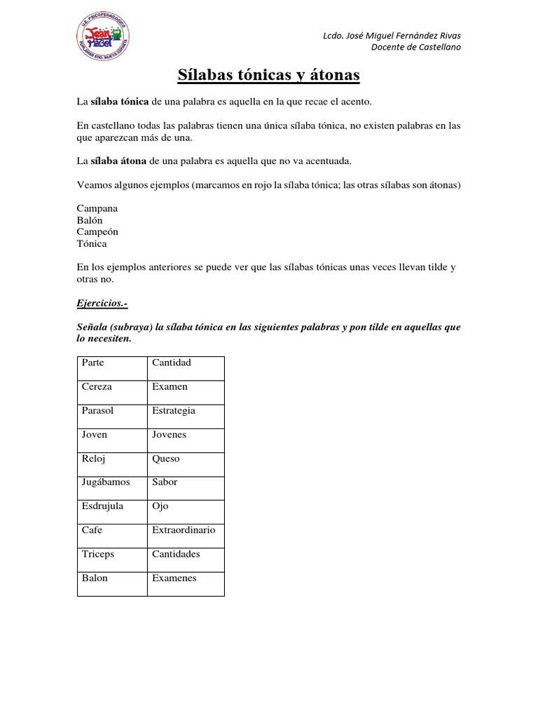 Ejemplos de sílabas tónicas y átonas | PDF | Artes del Lenguaje y ...