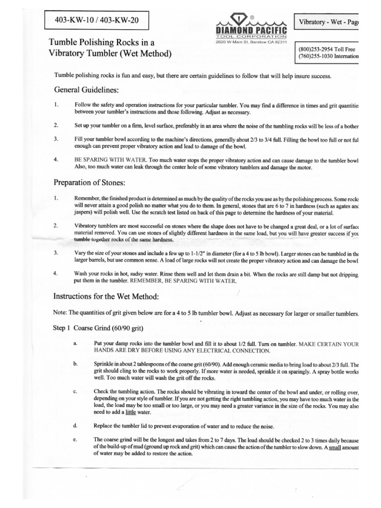 Diamond Pacific Rock Tumbling Instructions Grit Kit KW10 From PDF