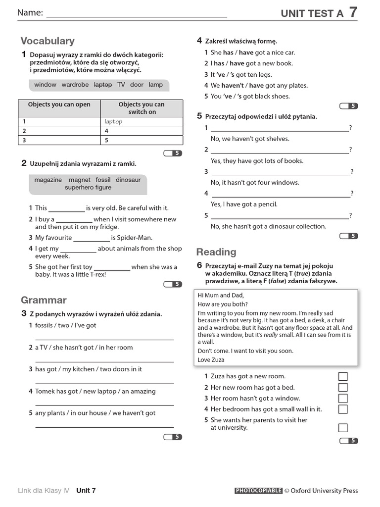 Klasa 4 Unit 7 Test PDF | PDF | Language Arts & Discipline