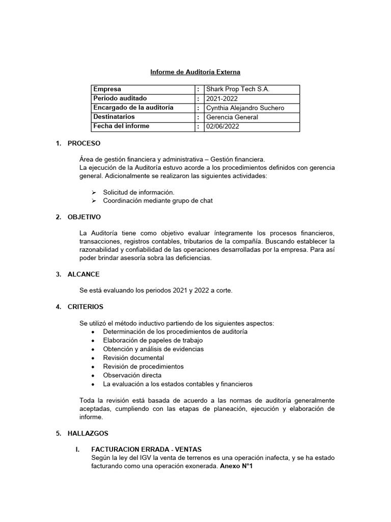 Informe de Auditoría Externa | PDF | Auditoría | Dinero