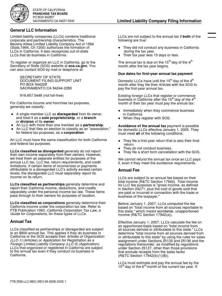 LLC Franchise Tax Board of CA Info | Limited Liability Company ...