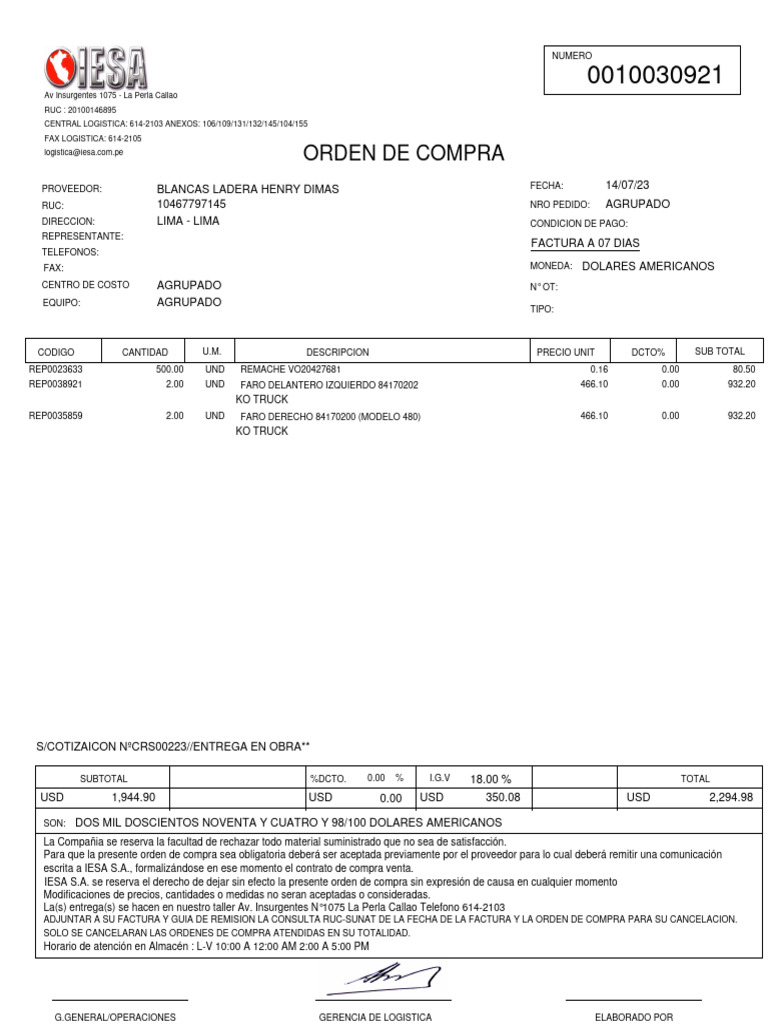 Orden de Compra IESA S.A. - Julio 2023 | PDF | Economias | Business