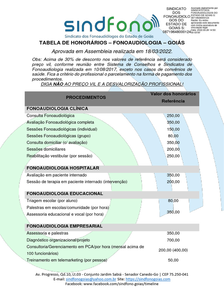 Tabela de Honorarios Fonoaudiologia 2022 | PDF | Voz humana | Discurso