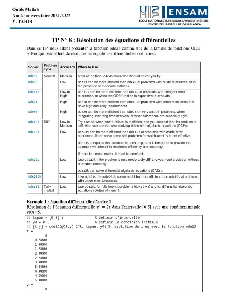 Résolution d'équations différentielles MATLAB | PDF | Mathématiques ...