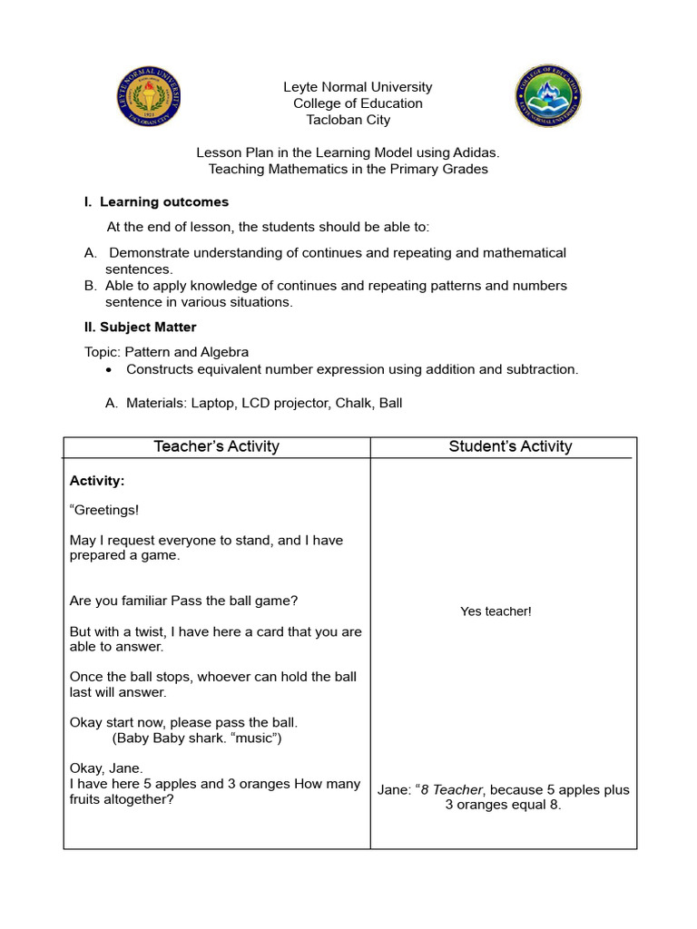 Adidas Lesson Plan in Math PDF