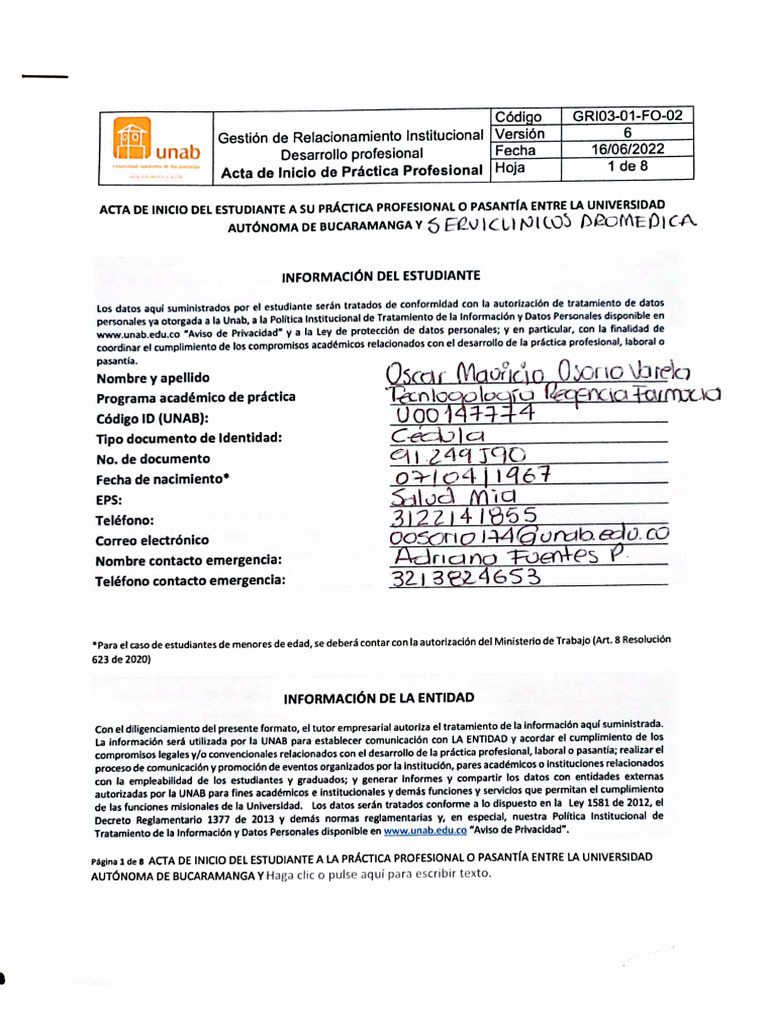 Acta de Inicio Práctica | PDF