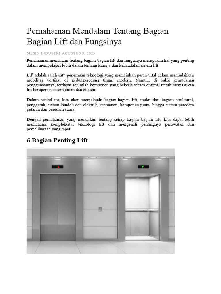 Pemahaman Mendalam Tentang Bagian Bagian Lift Dan Fungsinya Pdf