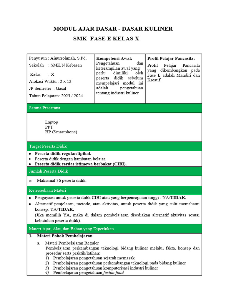 Modul Ajar Dasar Kuliner 2 Pdf