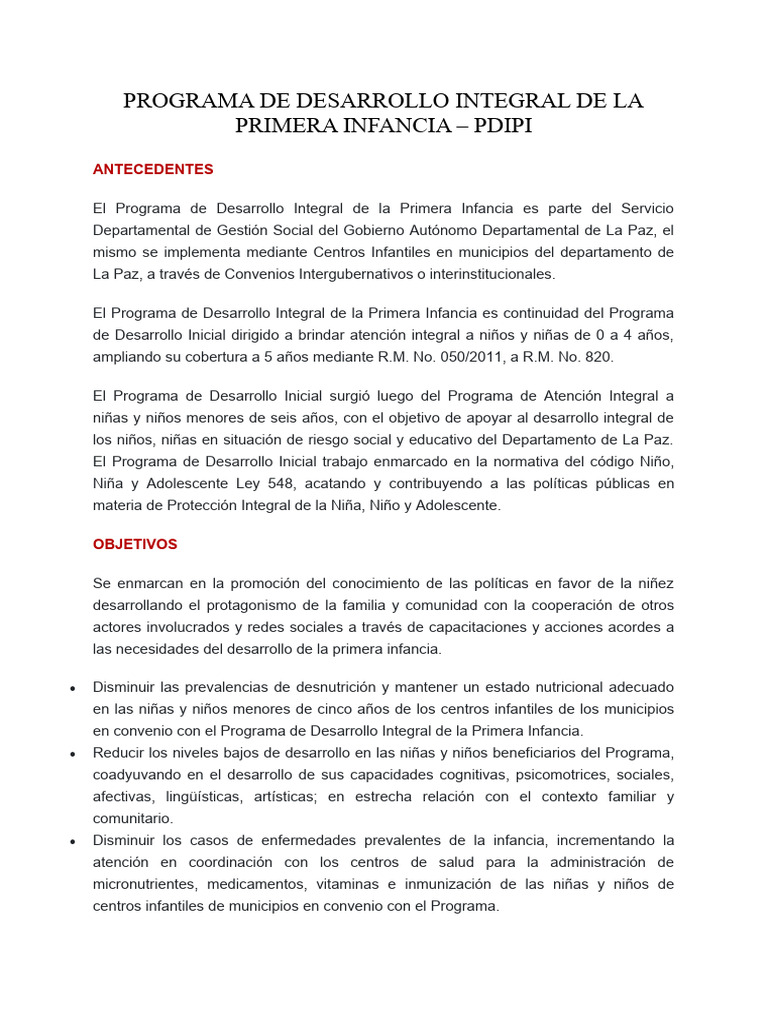 Programa de Desarrollo Integral de La Primera Infancia | PDF