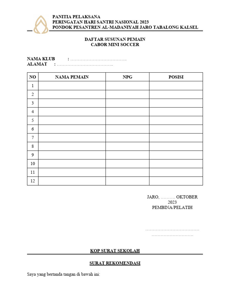 Line Up Pemain Mini Soccer Dan Surat Rekomendasi PDF