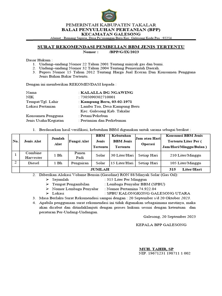 Format Surat Rekomendasi Pembelian BBM Jenis Tertentu | PDF