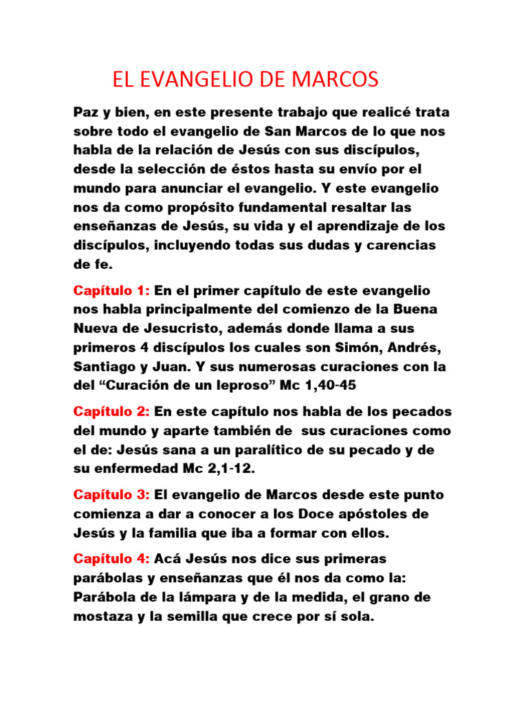 Resumen del Evangelio de Marcos | PDF | Jesús | La resurrección de Jesús
