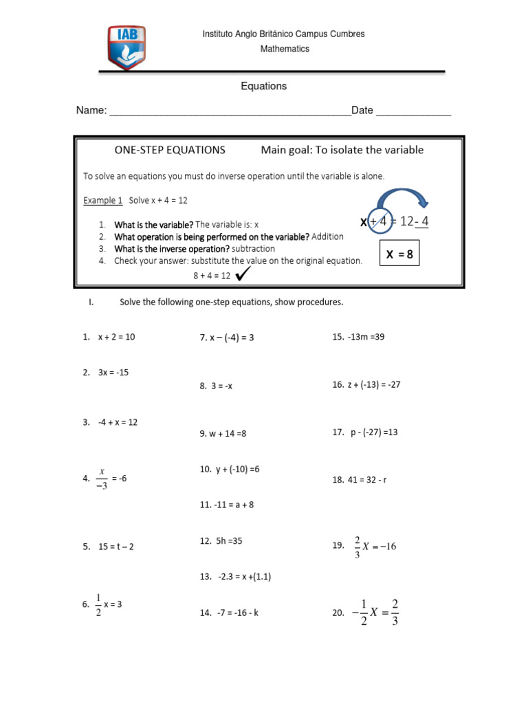One-Step and Two-Step Equations Worksheet | PDF | Equations | Mathematics