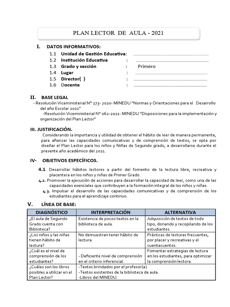 Plan Lector para Primer Grado 2021 | PDF