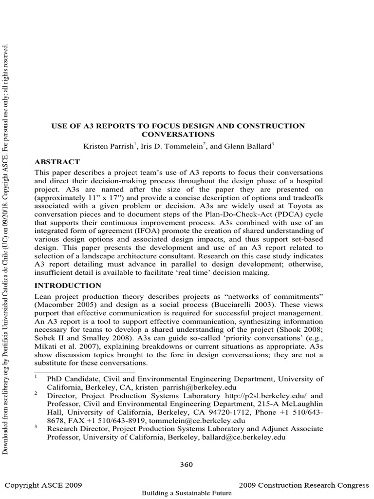 Use of a3 reports to focus design and construction conversations pdf