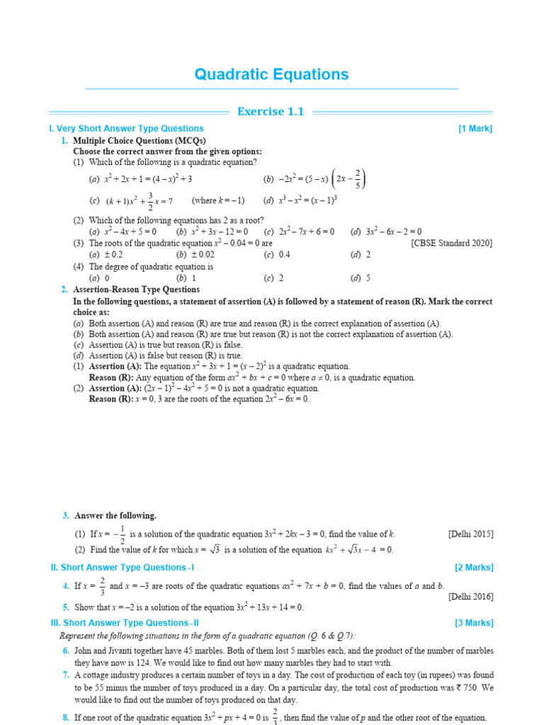 Class 10 mcqs maths chapter quadratic equations pdf