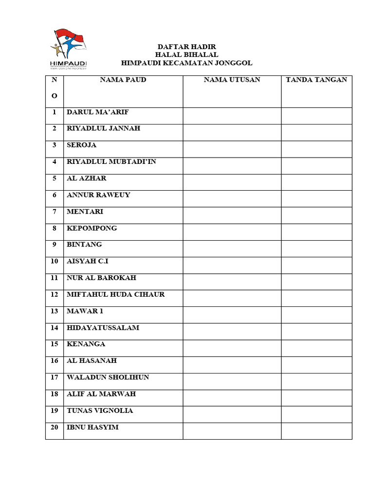 Daftar Hadir Halal Bihalal PAUD | PDF