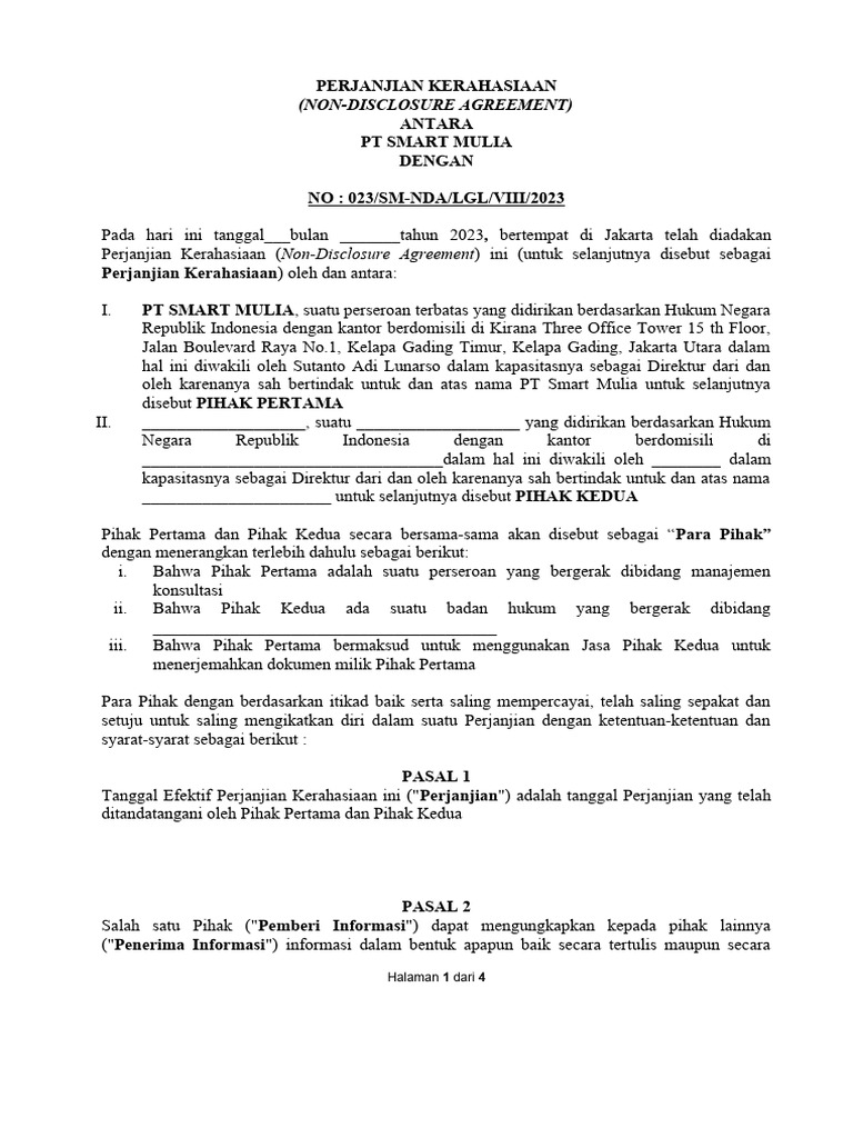 Perjanjian Kerahasiaan PT Smart Mulia | PDF