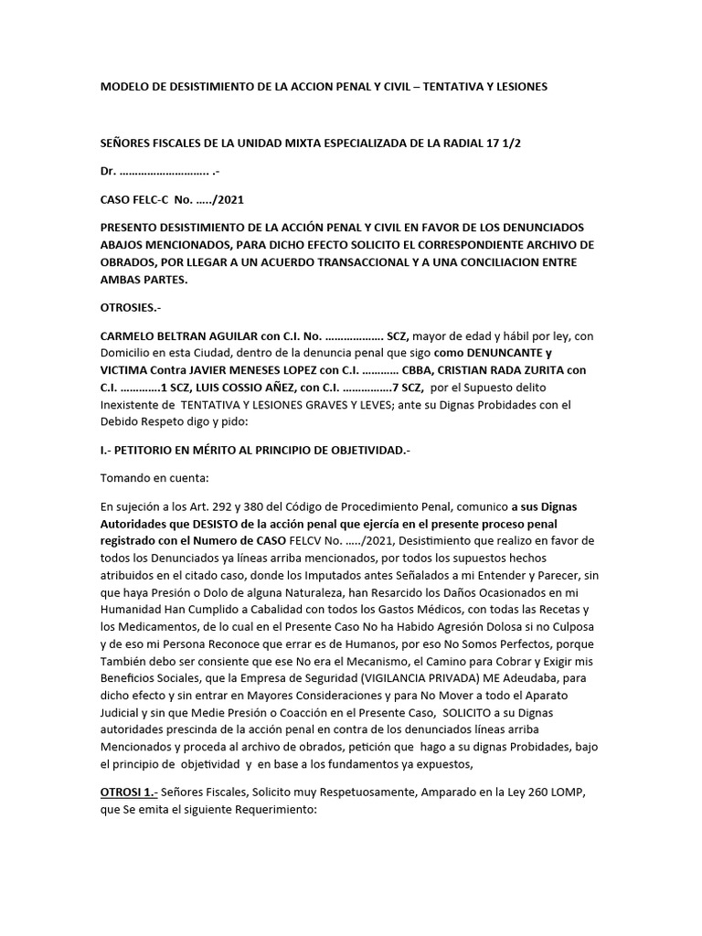Modelo de Desistimiento de La Accion Penal y Civil | PDF