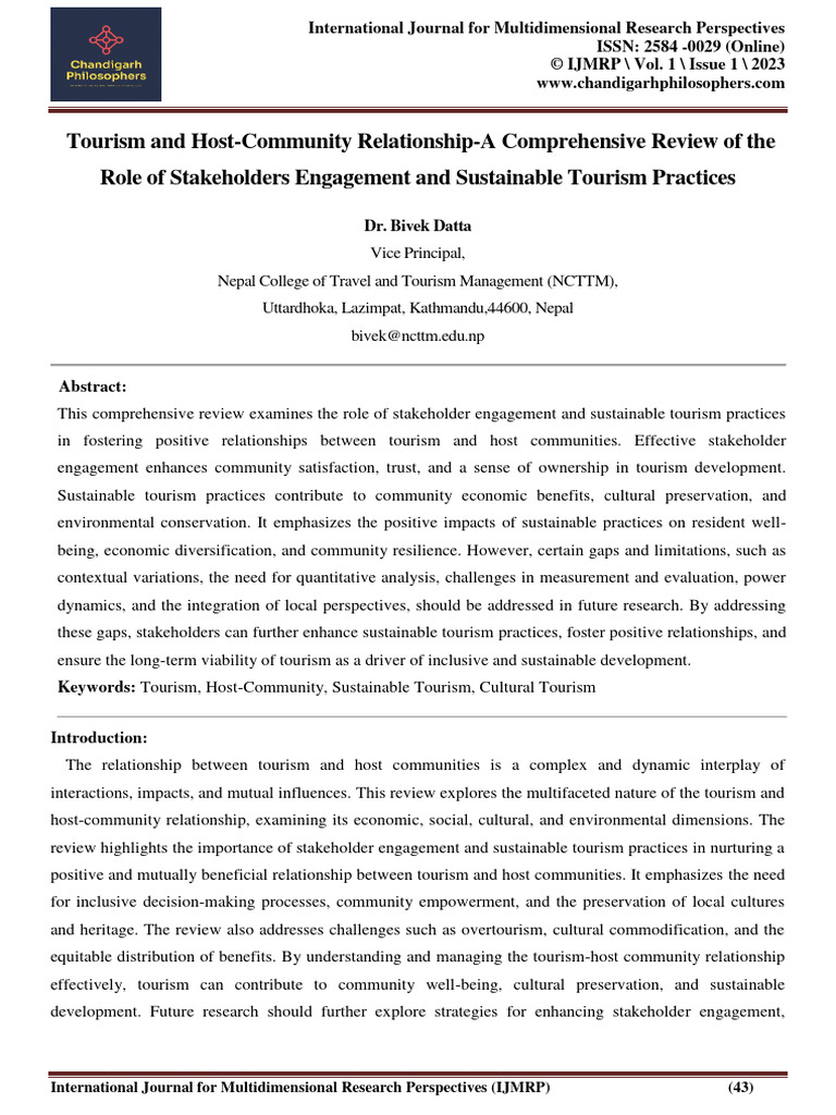 Tourism And Host Community Relationship A Comprehensive Review Of The