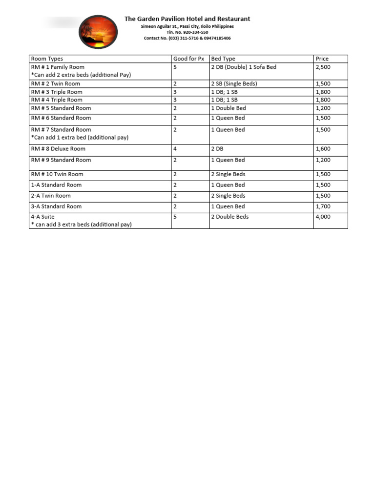 Garden Pavilion Hotel Room Rates | PDF