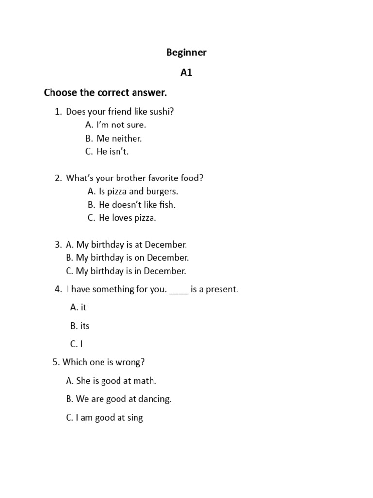 A1 Beginner English Test Questions | PDF