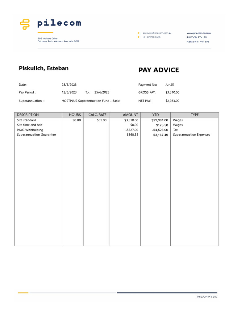 June 2023 Pay Advice Summary | PDF