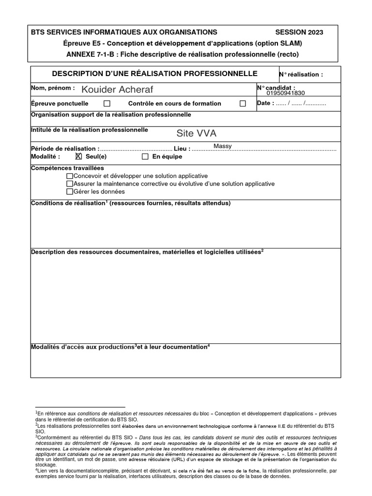 Fiche de Réalisation Professionnelle BTS SIO | PDF