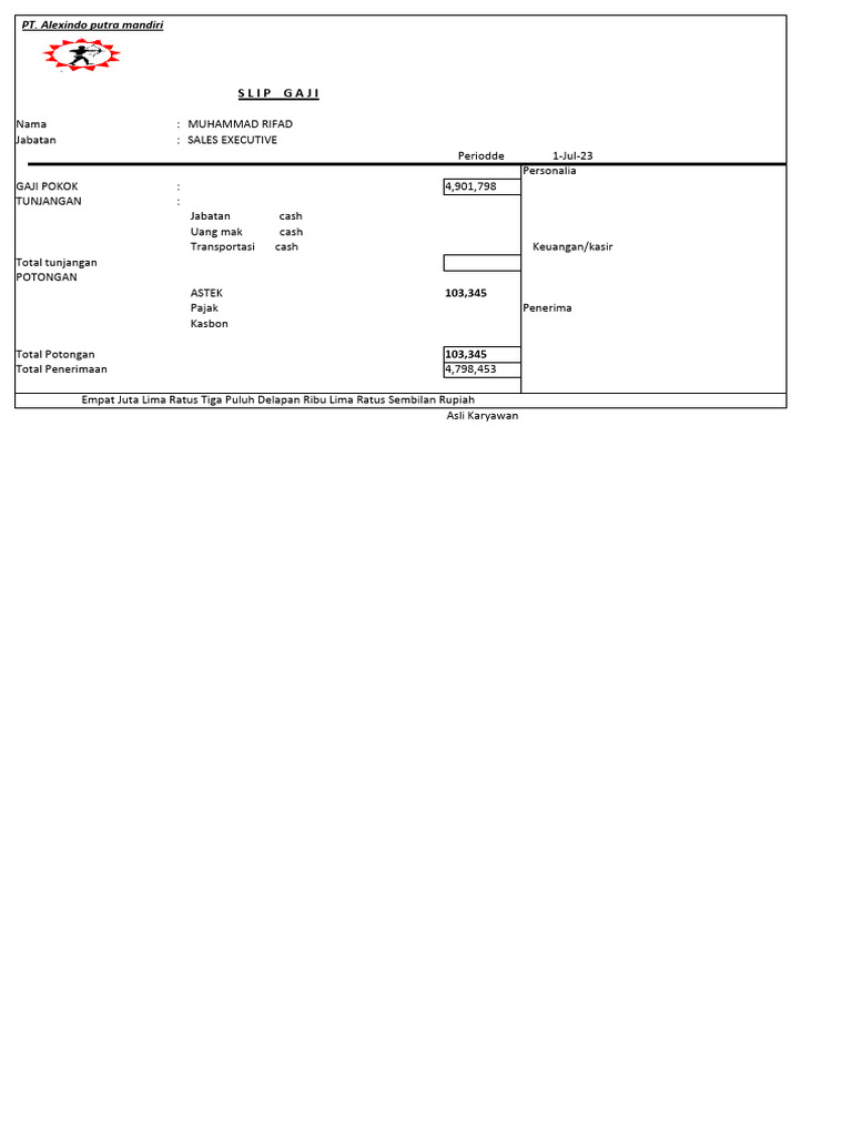 Contoh slip gaji Excel PDF