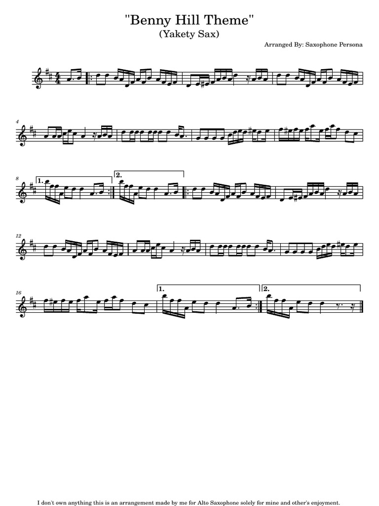 Benny Hill Theme Arrangement for Saxophone PDF