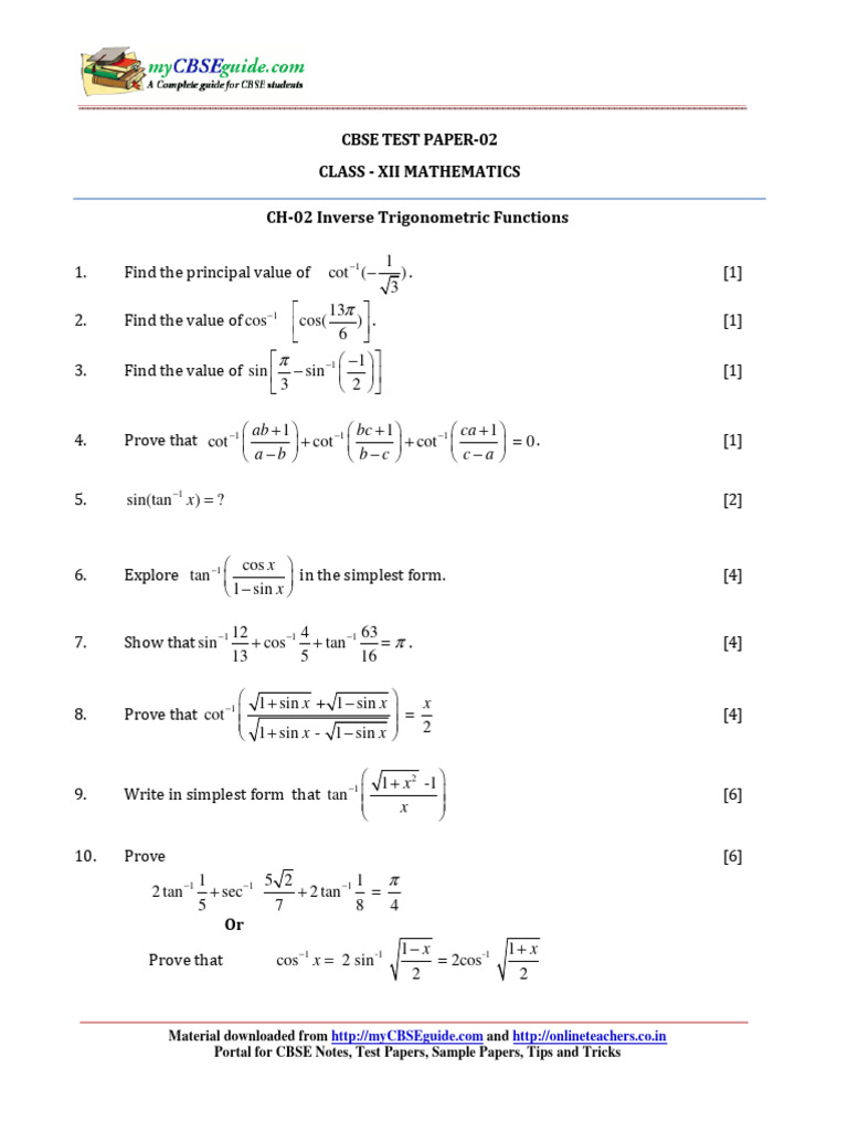 12 Mathematics Ch02 Inverse Trigonometric Functions Test 02 QP PDF