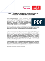Comunicado de PSOE y Sumar en el que anuncian un acuerdo de coalición