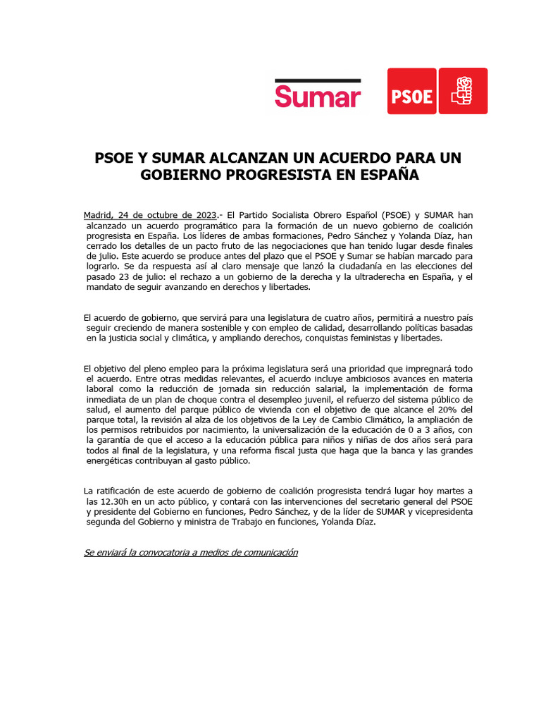 Comunicado de Acuerdo de Gobierno Entre El PSOE y Sumar | PDF