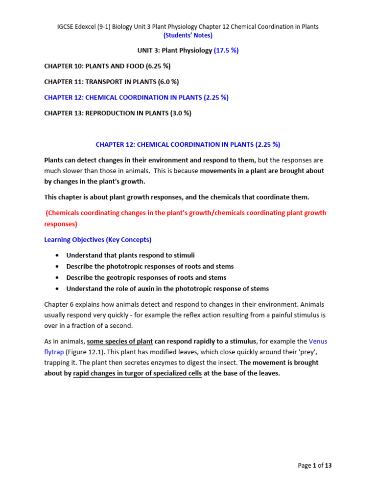 UNIT 3 - Ch12 - Chemical Coordination in Plants - Students' Notes | PDF