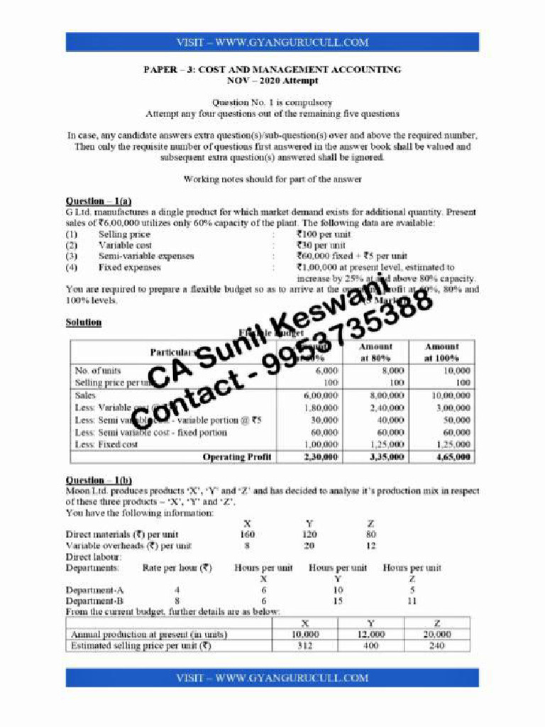 CA Inter (New) Cost Solution Nov2020 Paper @CA - Study - Notes | PDF