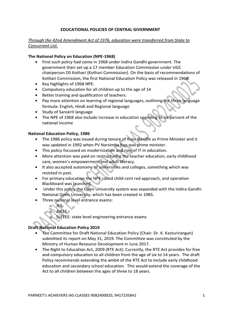 LIST OF EDUCATIONAL POLICIES IN INDIA PDF visual data 8