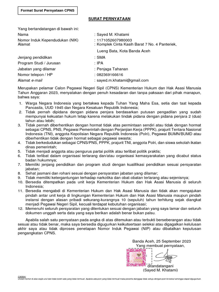 Surat Pernyataan CPNS 2023 SAYED | PDF