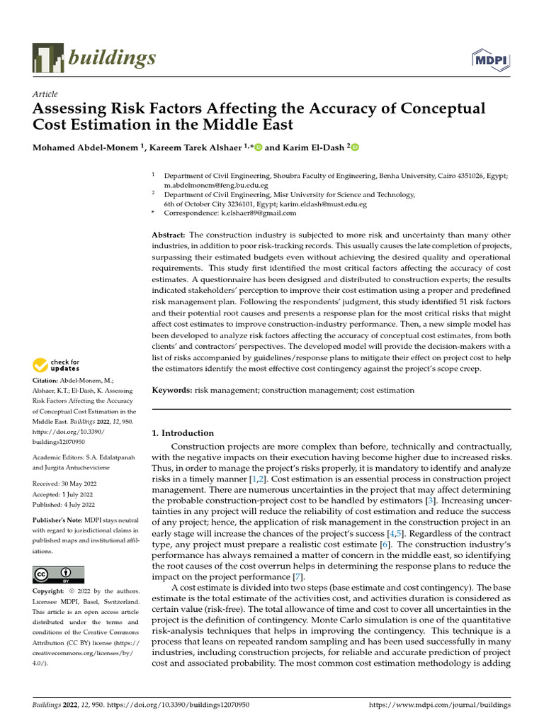 Assessing Risk Factors Affecting The Accuracy of Conceptual Cost ...