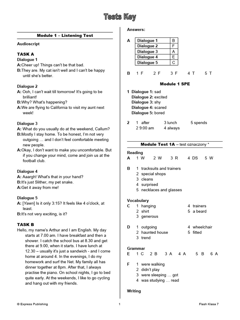 Flash Klasa 5 Test Unit 1 1 1 1 Flash Klasa 7 Tests Key | PDF