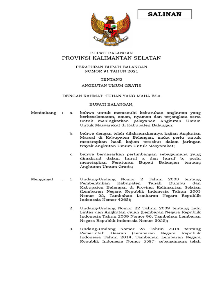 Izin Trayek Angkutan Umum Gratis Balangan | PDF