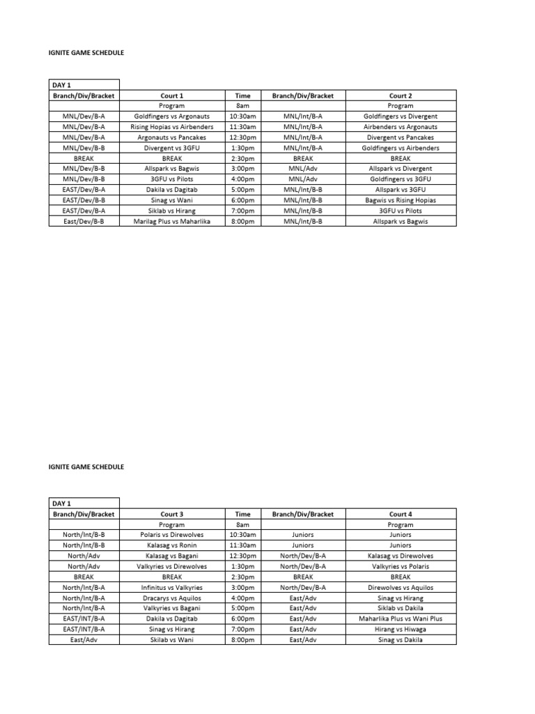 Ignite Game Schedule PDF