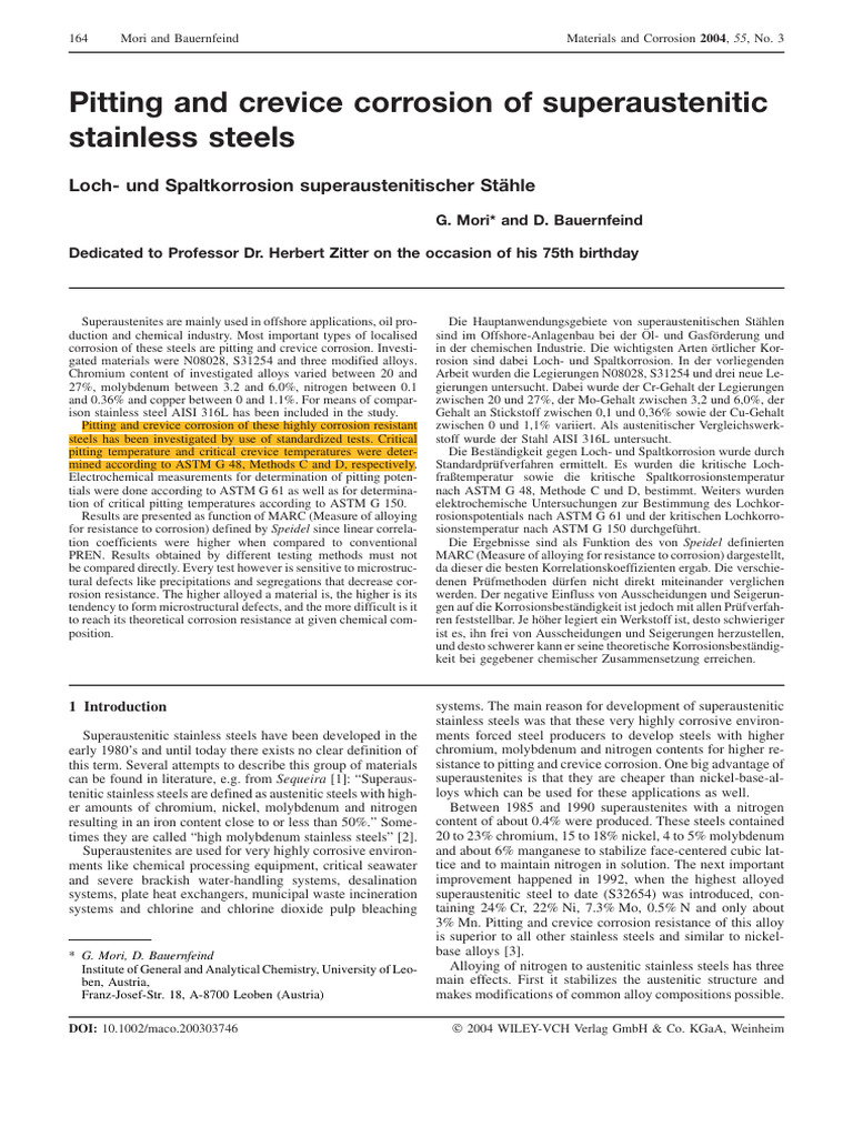 Pitting and Crevice Corrosion of Superaustenitic Stainless Steels | PDF