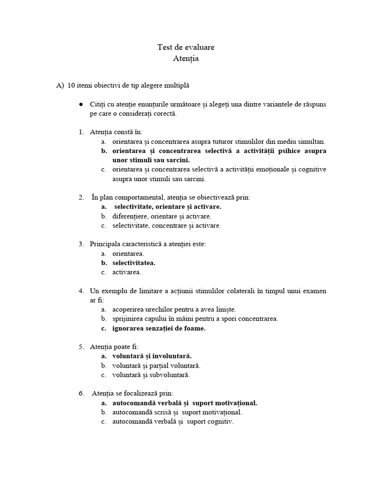 Test de Evaluare - Atenția | PDF