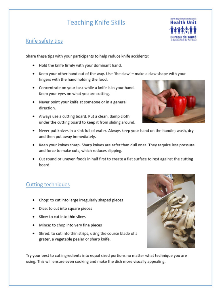 How To Teach Knife Skills Handout AODA PDF Knife Tools