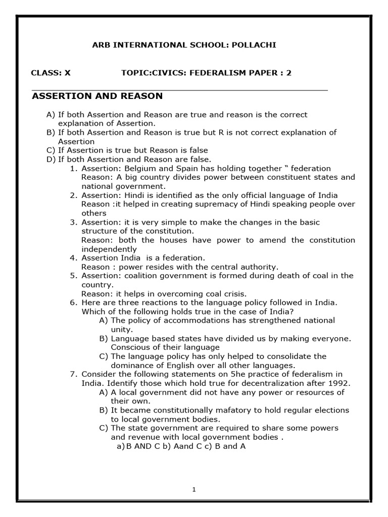 Assertion and Reason Arb International School Pollachi PDF