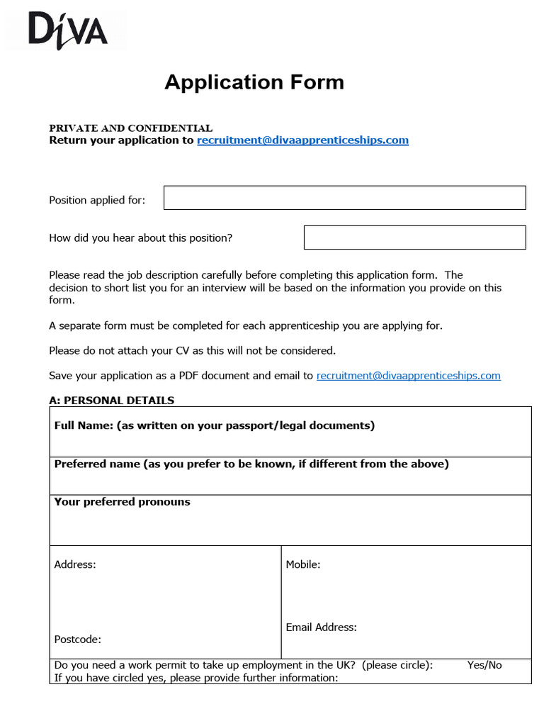 DiVA Apprenticeship Application Form 54 .01 | PDF
