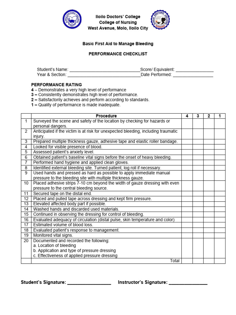 First Aid Performance Checklist for Bleeding | PDF