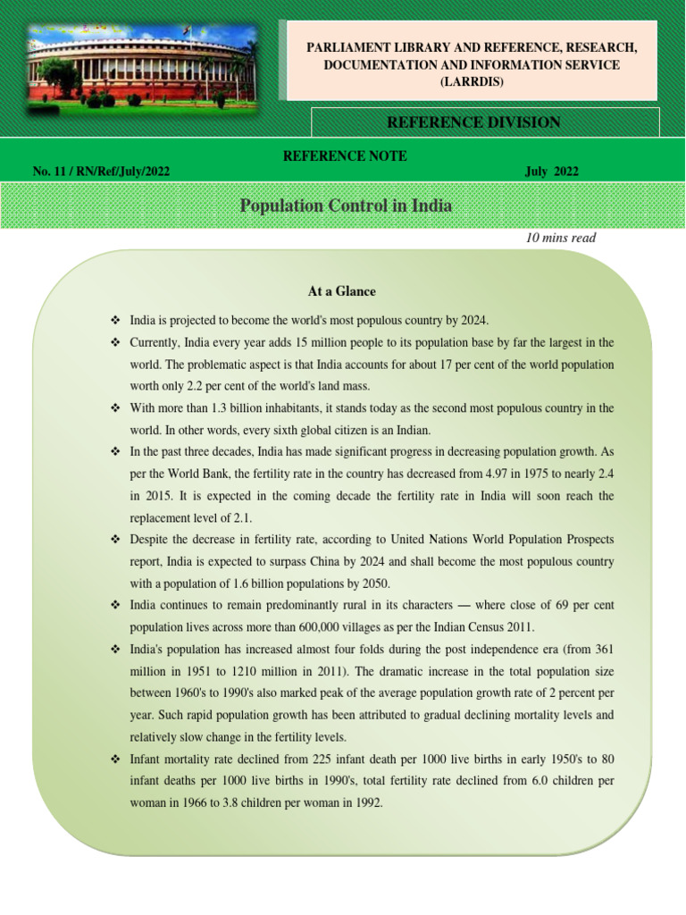 Population Control in India: Reference Note | PDF